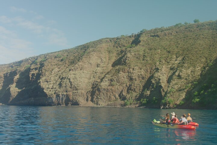 Kayakers beneath a green sea cliff