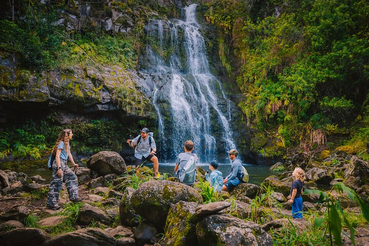 Swimmers beneath a tall waterfall